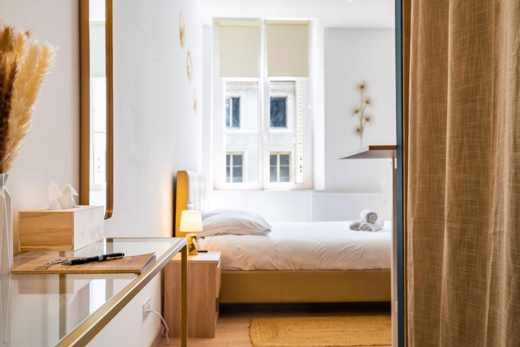 een slaapkamer met een bed en een raam bij NANCY HYPERCENTRE 25 rue Saint Georges, 2e étage in Nancy