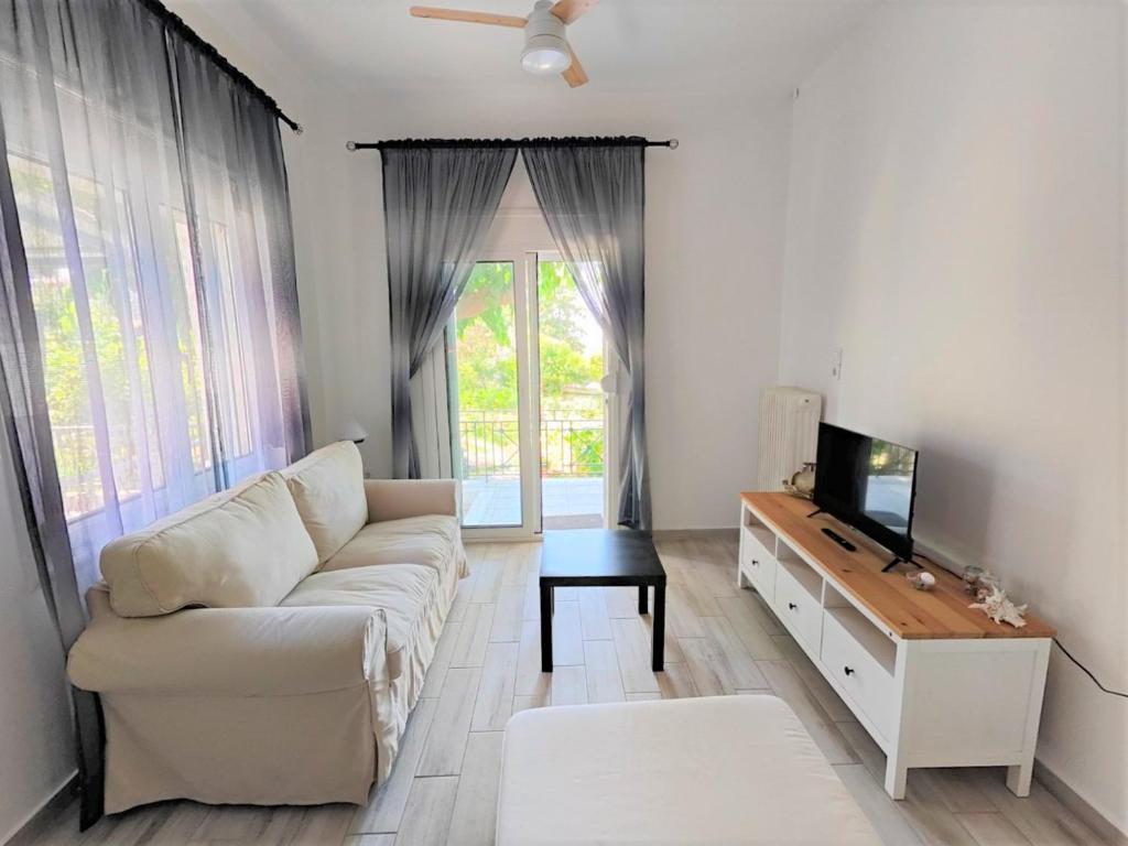 a living room with a couch and a tv at Asmini Beach Apartments in Asmínion