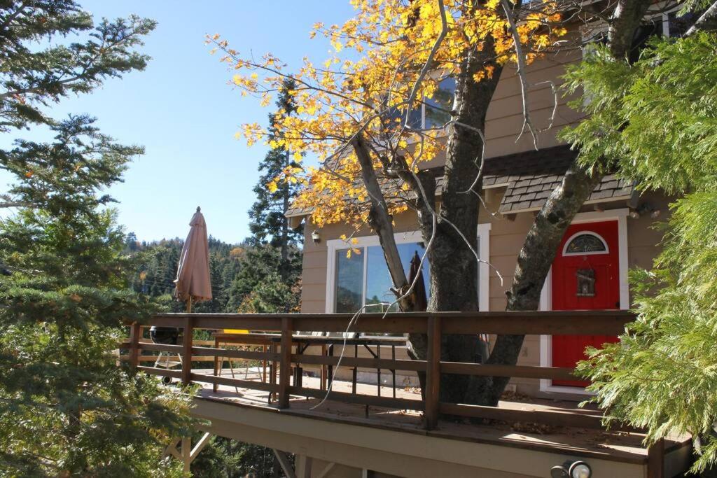 箭頭湖的住宿－Beautiful Lake View House for rent!，一座房子,上面有树和遮阳伞