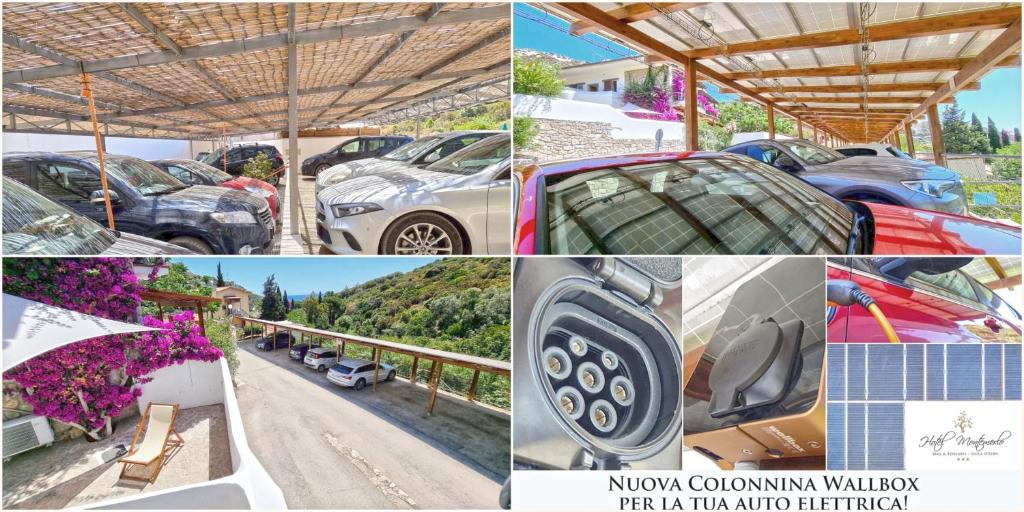 a collage of photos with cars parked in a parking lot at Eco Hotel Montemerlo in Fetovaia