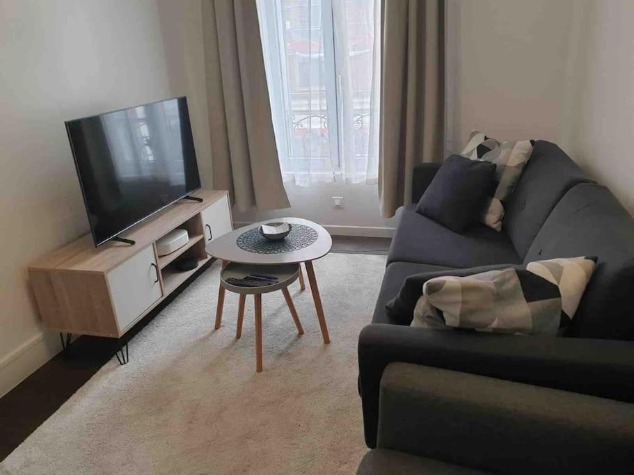 ein Wohnzimmer mit einem Sofa und einem TV in der Unterkunft Saint ouen: superbe appartement in Saint-Ouen