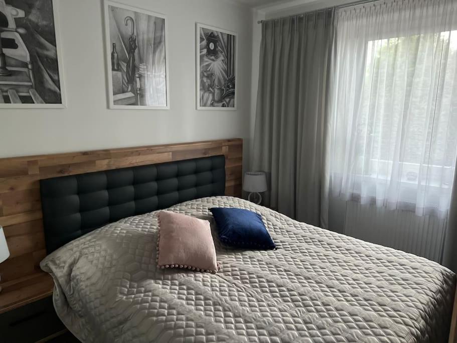 ein Schlafzimmer mit einem Bett mit zwei Kissen darauf in der Unterkunft Mieszkanie - Apartament in Dąbrowa
