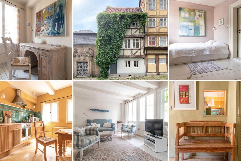 eine Collage mit Fotos eines Hotelzimmers in der Unterkunft Das Fachwerkhäuschen am Kornmarkt - herzlich & charmant in Quedlinburg