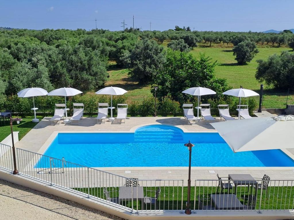 a swimming pool with chairs and umbrellas at Agriturismo Il Casolare Di Nonno Mario in Manoppello