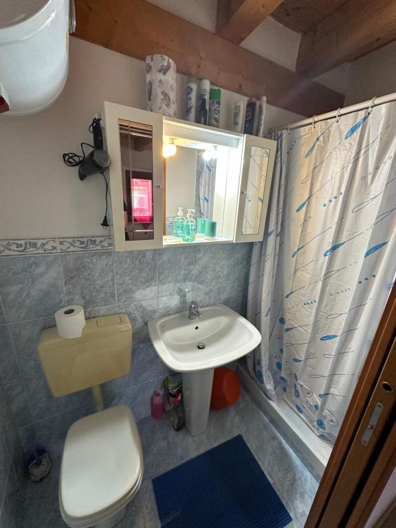 uma casa de banho com um lavatório, um WC e um espelho. em Monolocale in centro storico a grado em Grado