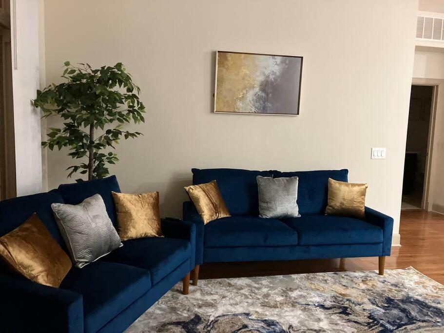 a living room with two blue couches and a rug at Texan Blues in Houston