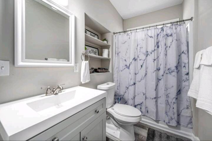 uma casa de banho com um lavatório, um WC e uma cortina de chuveiro. em Beautiful home em Rocky Mount
