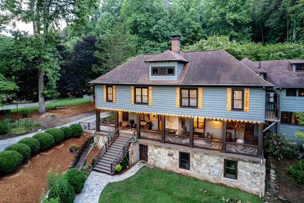 an aerial view of a house with a porch at Beechwood Inn in Clayton