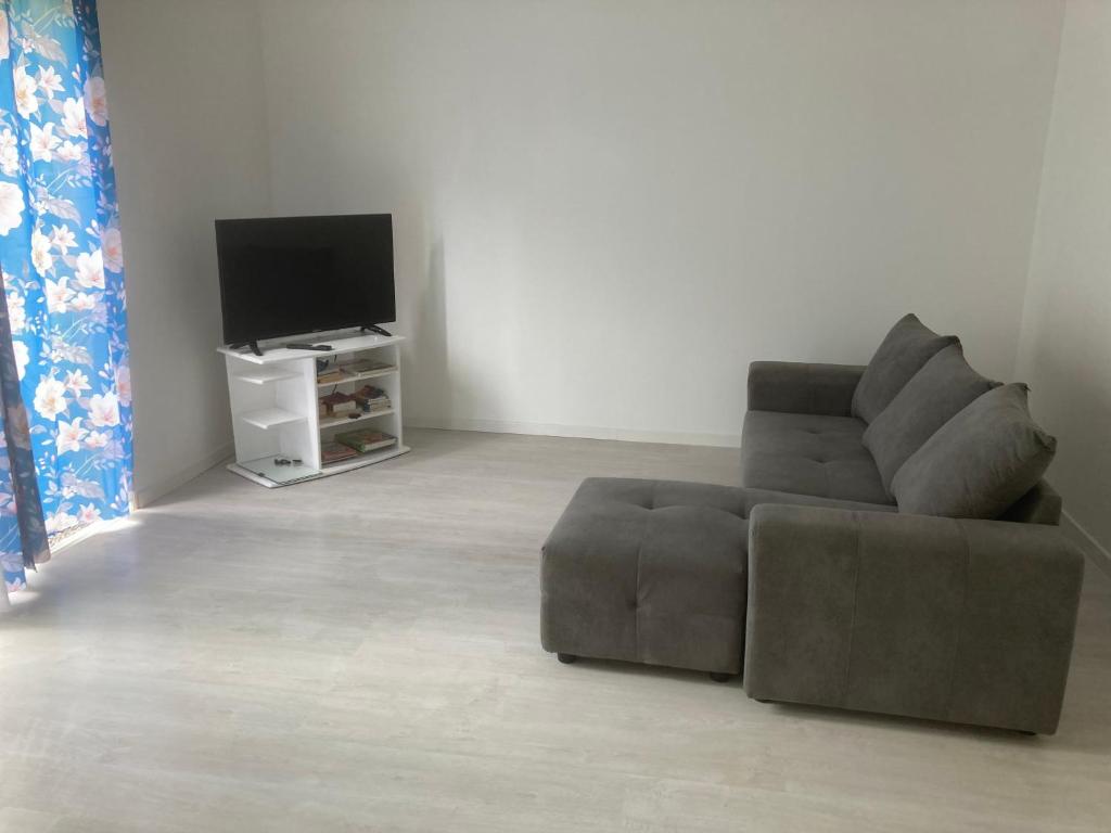 uma sala de estar com um sofá e uma televisão de ecrã plano em bungalow les cases près de la Mare à joncs em Cilaos