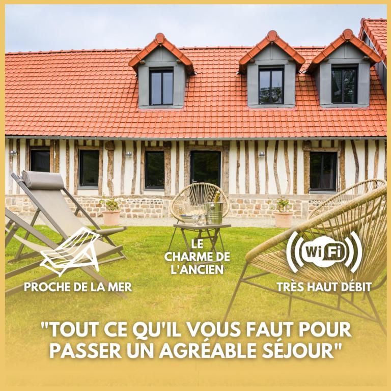 une publicité pour une maison avec une chaise et une maison dans l'établissement Authentique et charmante longère bord de mer, à Sainte-Marguerite