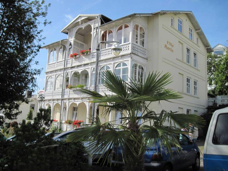 a large white building with a palm tree in front of it at Villa Maria im historischen Bäderstil in Sassnitz