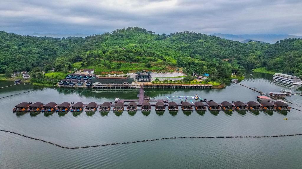 an aerial view of a resort on the water at ลีฟ เลค กาญจน์ รีสอร์ท in Ban Hin Hak