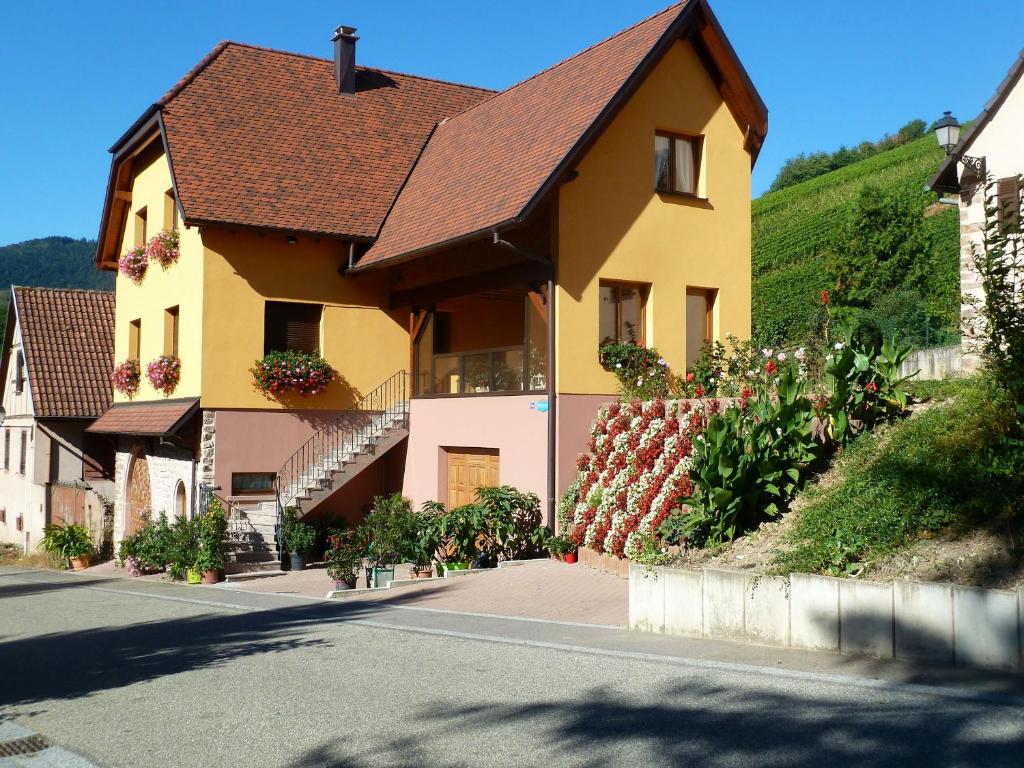 uma casa amarela com um telhado castanho numa rua em Appartement de 2 chambres avec jardin et wifi a Bernardville em Bernardvillé