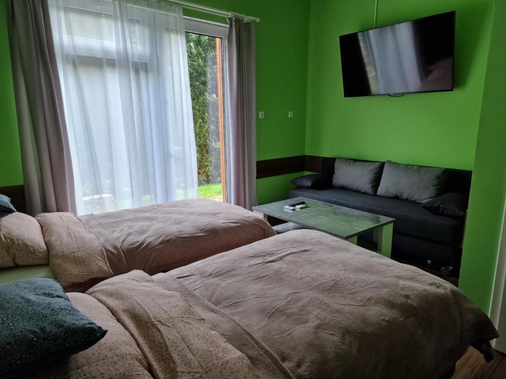 Habitación verde con 2 camas y sofá en Stern Zimmer vermiten, en Hückelhoven