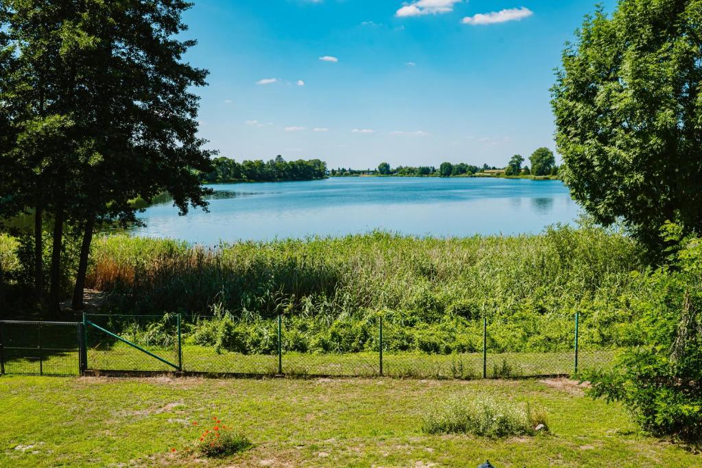 widok na jezioro z parku w obiekcie Bajkowa Przystań domki nad jeziorem 