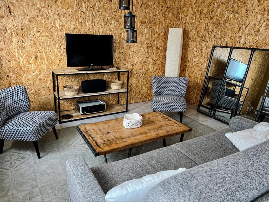 uma sala de estar com um sofá e uma televisão em Appartement confortable et lumineux 60m² em Pluneret