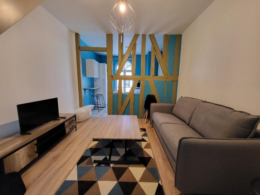 ein Wohnzimmer mit einem Sofa und einem TV in der Unterkunft Duplex pour 4 pers, hypercentre de Rouen in Rouen