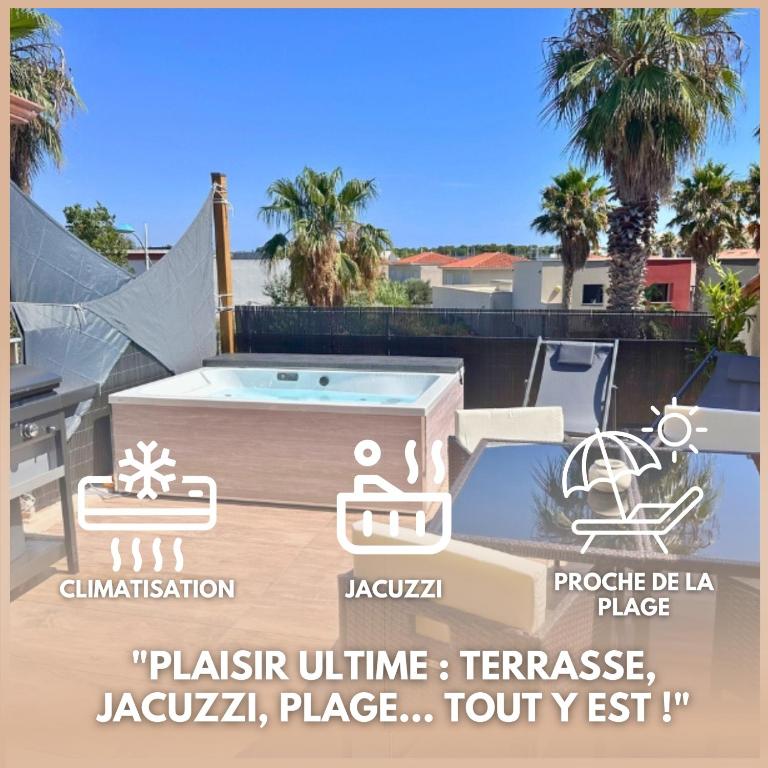 - un panneau indiquant un bain à remous sur la terrasse dans l'établissement Sérénité - Superbe Terrasse et Jacuzzi !, à Canet