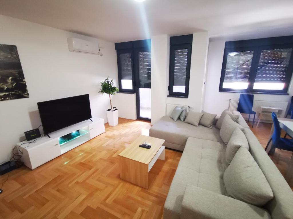 a living room with a couch and a tv at Riviera Apartments in Niš
