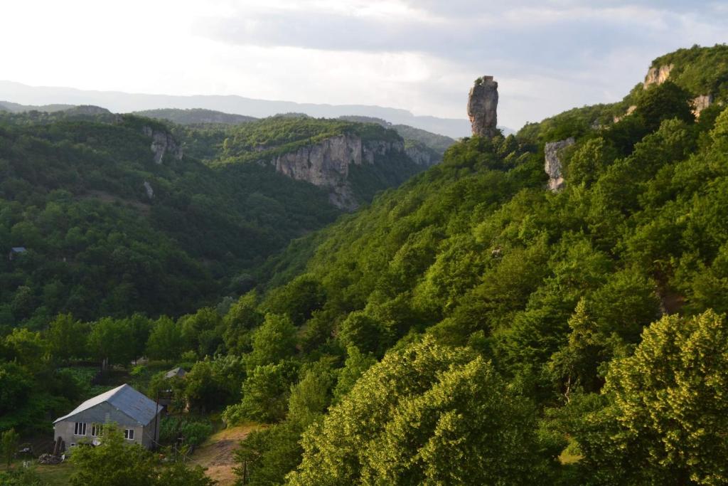 uma vista para uma montanha com uma casa sobre ela em Lika's Sweet House em Katsʼkhi