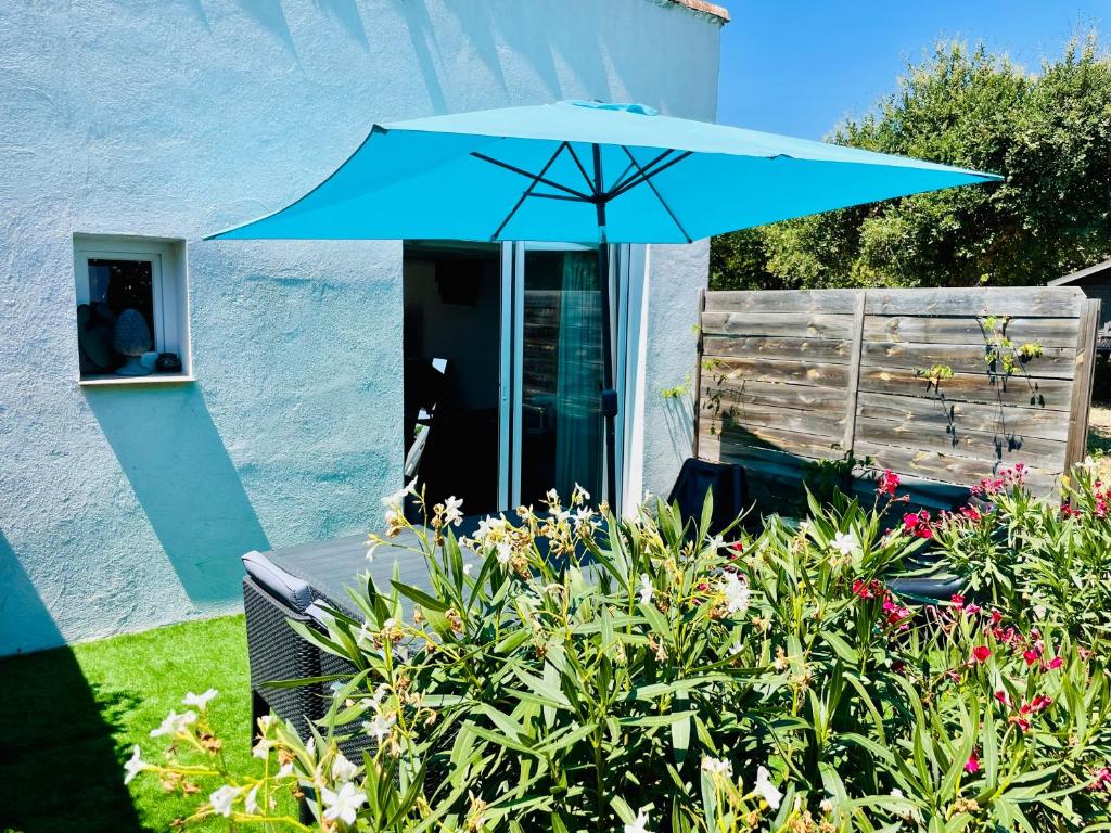 a blue umbrella in a garden in front of a house at Villa 55 in Grimaud