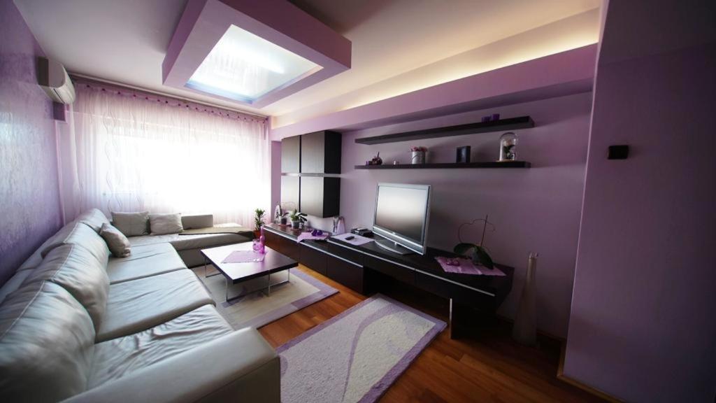 - un salon avec un canapé et une télévision dans l'établissement Central Apartment 4 Rooms Brasov, à Braşov
