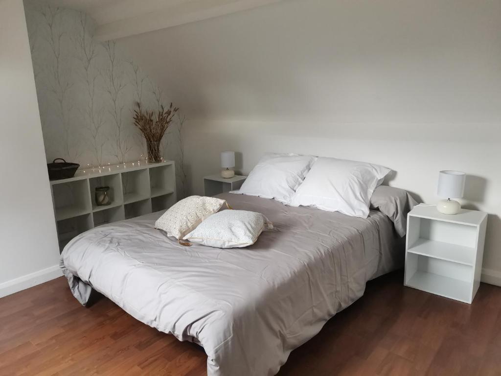 een bed met twee kussens in een slaapkamer bij Chambre double avec salle de bains privative in Moyon