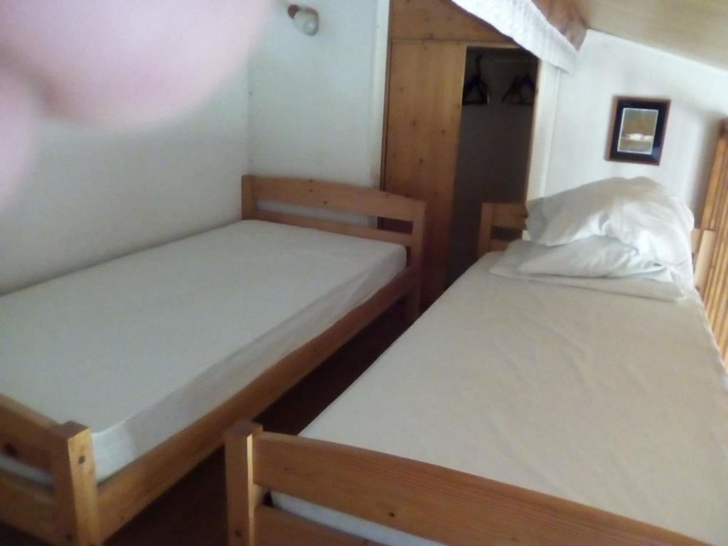 two twin beds in a small room withermottermottermott at Le seringat 46 in Saint-Martin-de-Brômes
