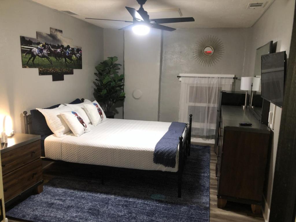 a bedroom with a bed and a ceiling fan at Suite near downtown Louisville, KY - Suite XI in Louisville