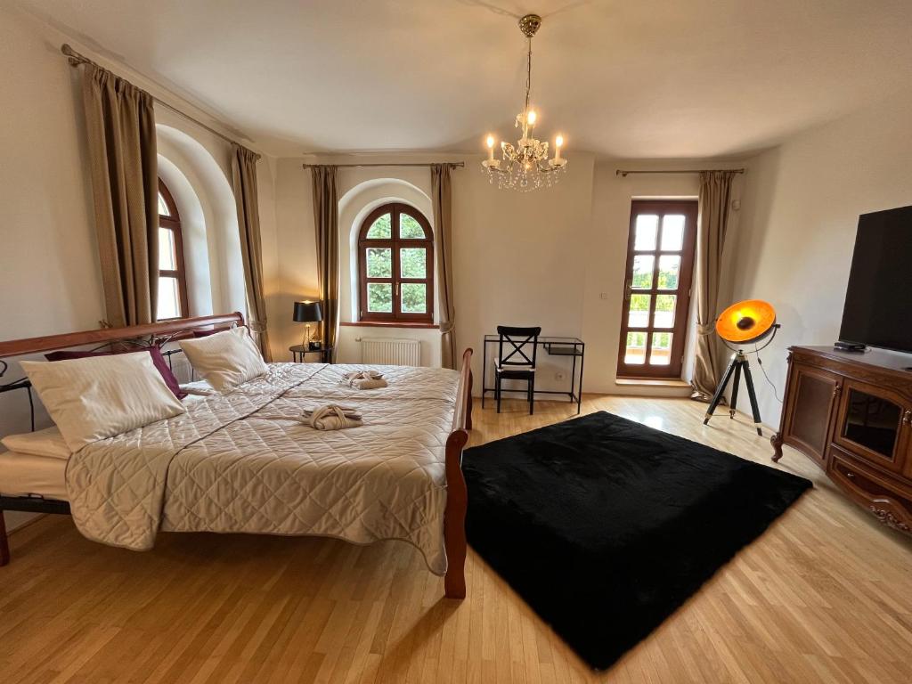 a bedroom with a bed and a chandelier at Dogs Resort and Spa in Horní Bezděkov