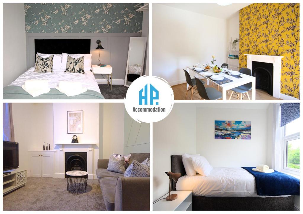 a collage of photos of a bedroom and a living room at Modern 3 Bedroom Home in Northampton by HP Accommodation - Free Parking & Super Fast WiFi in Northampton