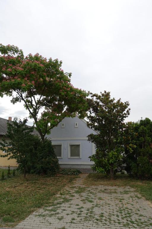 ein weißes Haus mit zwei Bäumen davor in der Unterkunft Alla in Kittsee