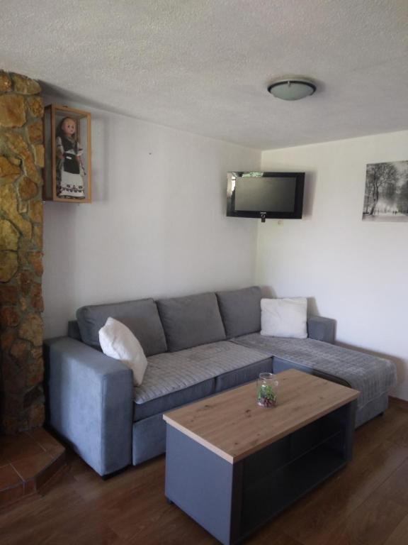 een woonkamer met een bank en een salontafel bij Planinska kuća za odmor Perić in Prozor