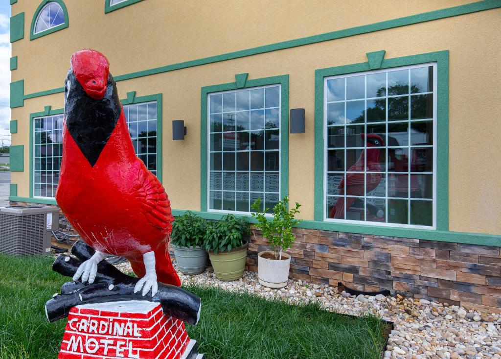 eine Statue eines roten Papageis auf einer Schachtel. in der Unterkunft Cardinal Motel Bowling Green in Bowling Green