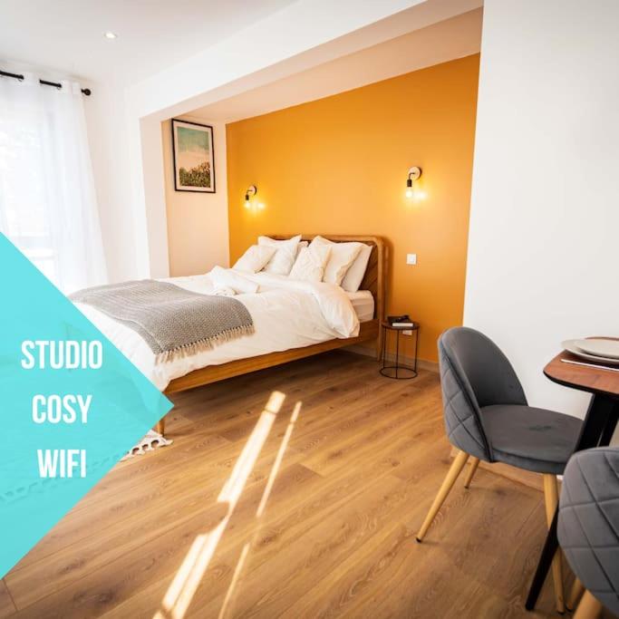 une chambre avec un lit, un bureau et une chaise dans l'établissement L'Albatros 006 - Hypercentre * Cosy * Wifi, à Saint-Quentin