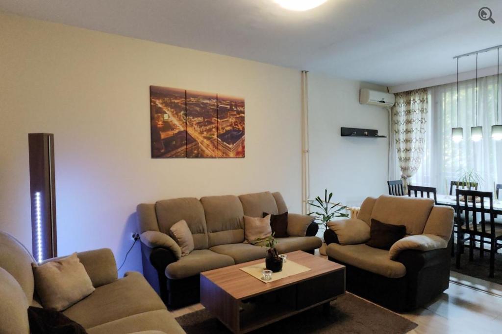 ein Wohnzimmer mit 2 Sofas und einem Couchtisch in der Unterkunft Astra M in Vračar (historical)