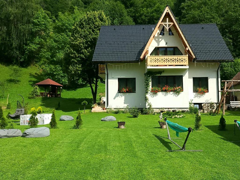 a house in a yard with a green lawn at Casa Nectaria in Moieciu de Jos