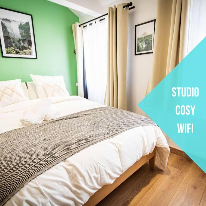 - une chambre dotée d'un lit avec un mur vert dans l'établissement L'Albatros 003- Hypercentre * Cosy * Wifi, à Saint-Quentin