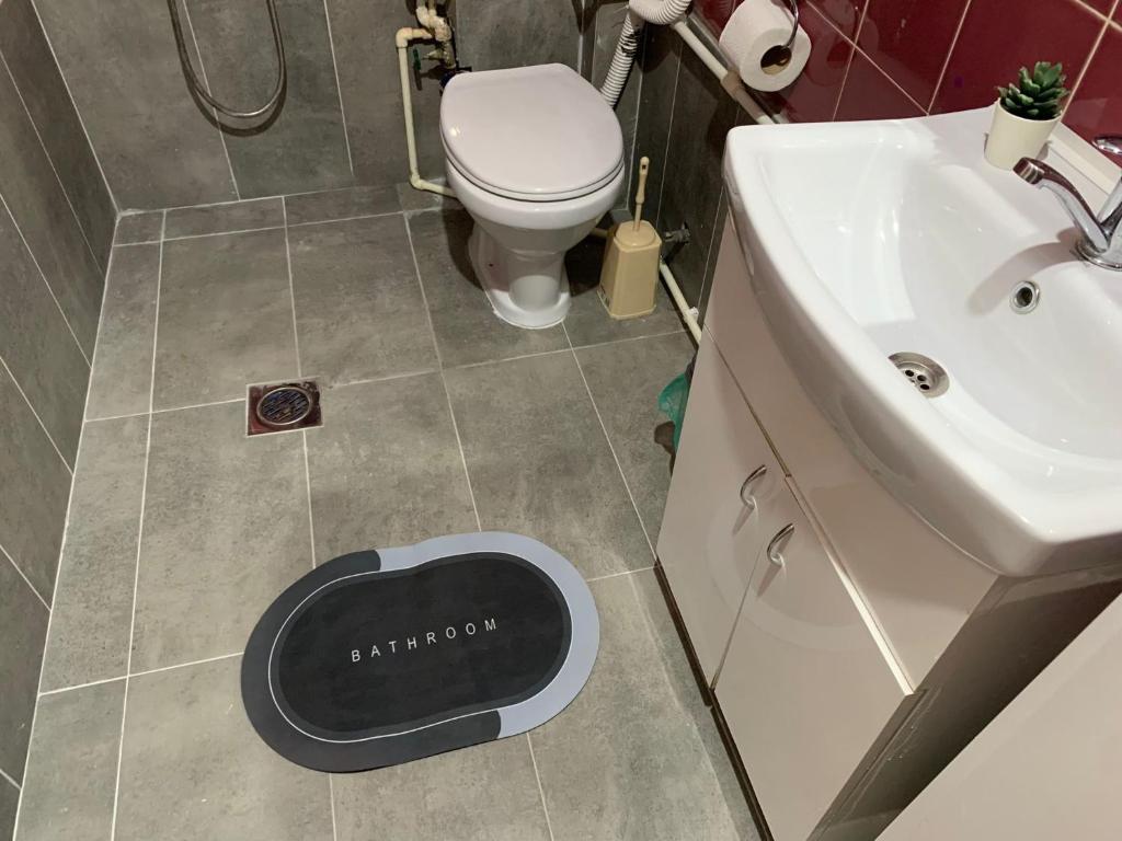 a bathroom with a white toilet and a sink at Lungro's Square Apartment in Skopje