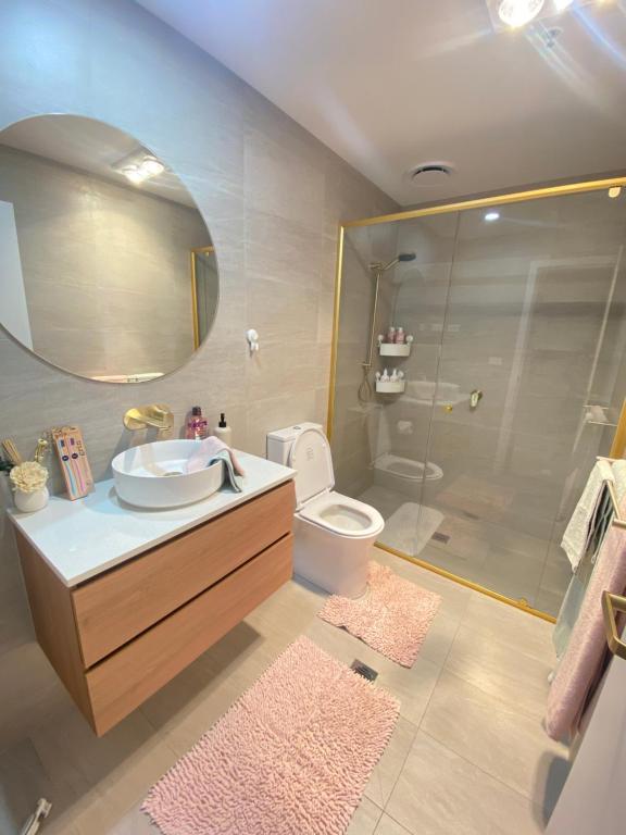 a bathroom with a sink and a shower and a toilet at Sweet home 2BR/2BA/2CAR Denman in Weston Creek