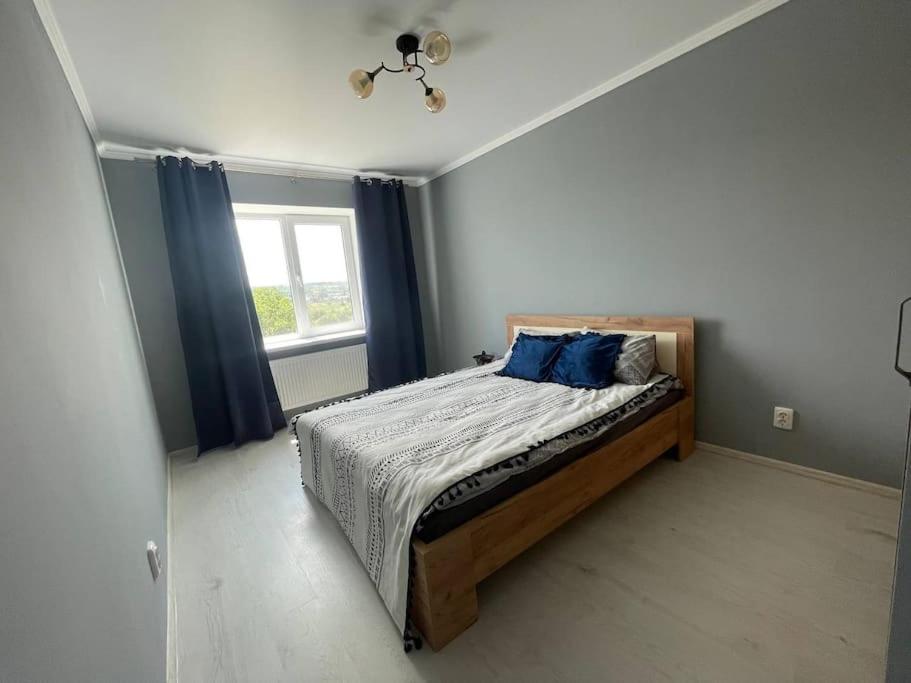 Căuşeni的住宿－Apartament for rent，一间卧室配有一张带蓝色枕头的床和一扇窗户。
