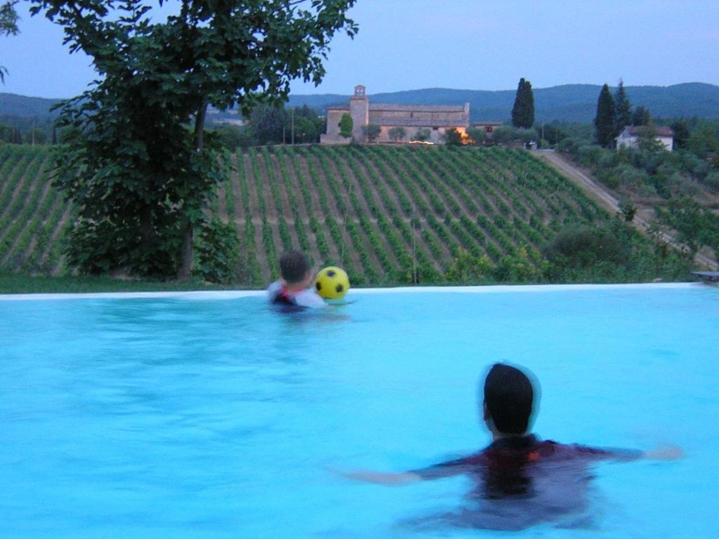 zwei Personen in einem Schwimmbad mit Ball in der Unterkunft Tenuta di Corsano in Monteroni dʼArbia