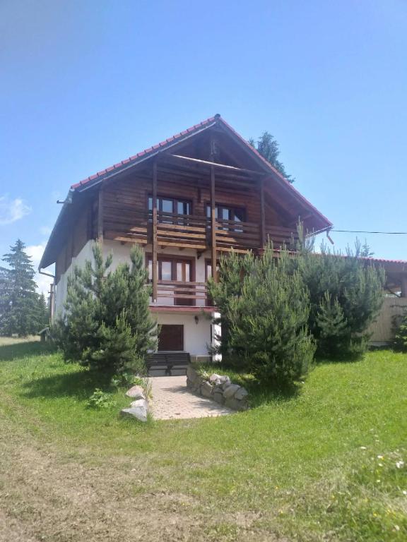 a large wooden house with trees in front of it at Alpesi kulcsos ház in Izvoru Mureşului