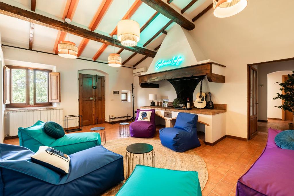 a living room with blue and purple furniture and a fireplace at Selvuccia Lodge - Ostello Agricolo in San Piero a Sieve