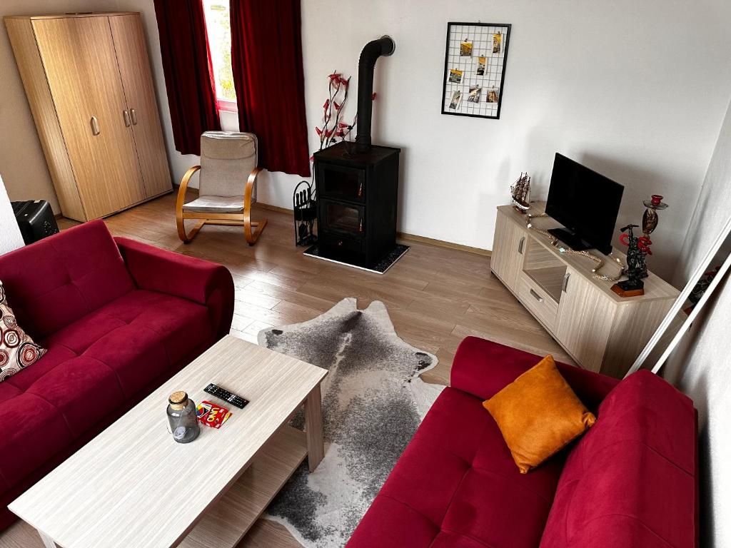 ein Wohnzimmer mit einem roten Sofa und einem Holzofen in der Unterkunft Apartment Ollie Tuzla in Tuzla