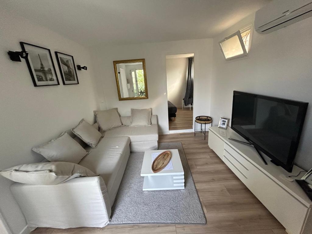 Il comprend un salon doté d'un canapé blanc et d'une télévision à écran plat. dans l'établissement appartement quai de la Fontaine, à Nîmes