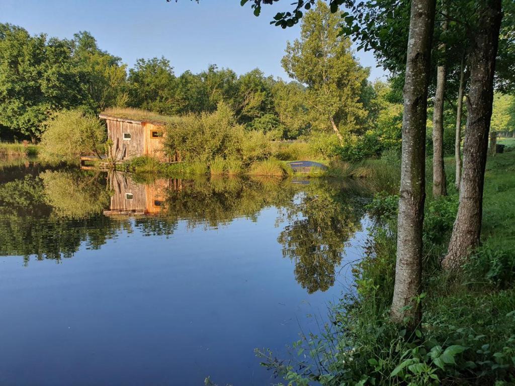 een huis aan de kant van een meer bij Cabane en bois sur l'étang in Landisacq