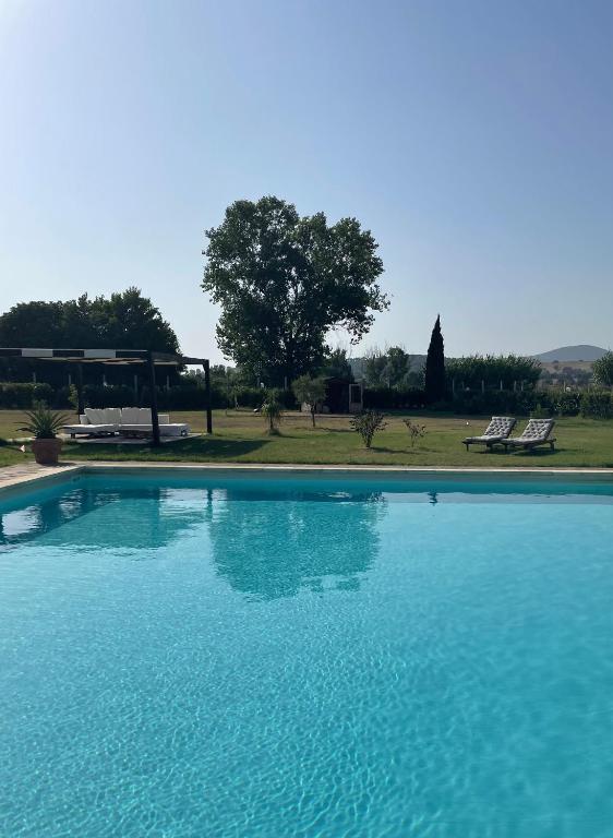 a large blue swimming pool with two chairs in a park at THE RANCH Apartment 4 Capalbio in Pescia Romana