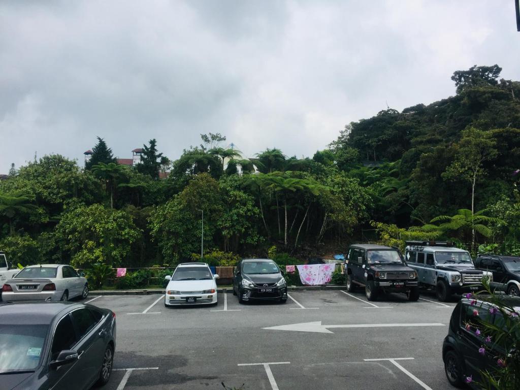 een parkeerplaats met auto's erin geparkeerd bij Orchid Haven islamic Homestay in Tanah Rata