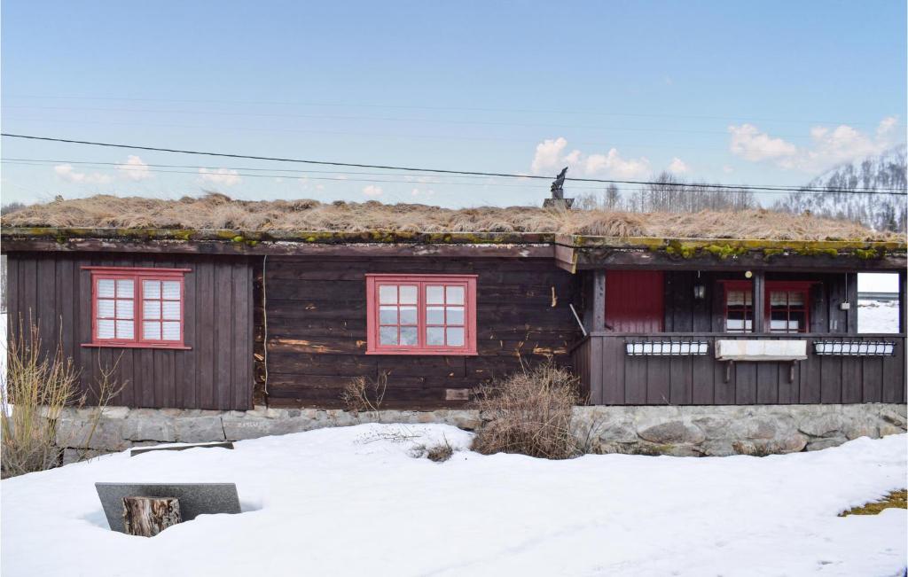 ein Blockhaus mit einem Grasdach im Schnee in der Unterkunft Nice Home In Rauland With Kitchen in Rauland